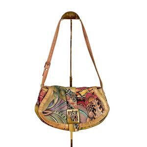 Anuschka Shoulder Bag Womens Tan Floral Genuine Leather Handpainted Art Handbag